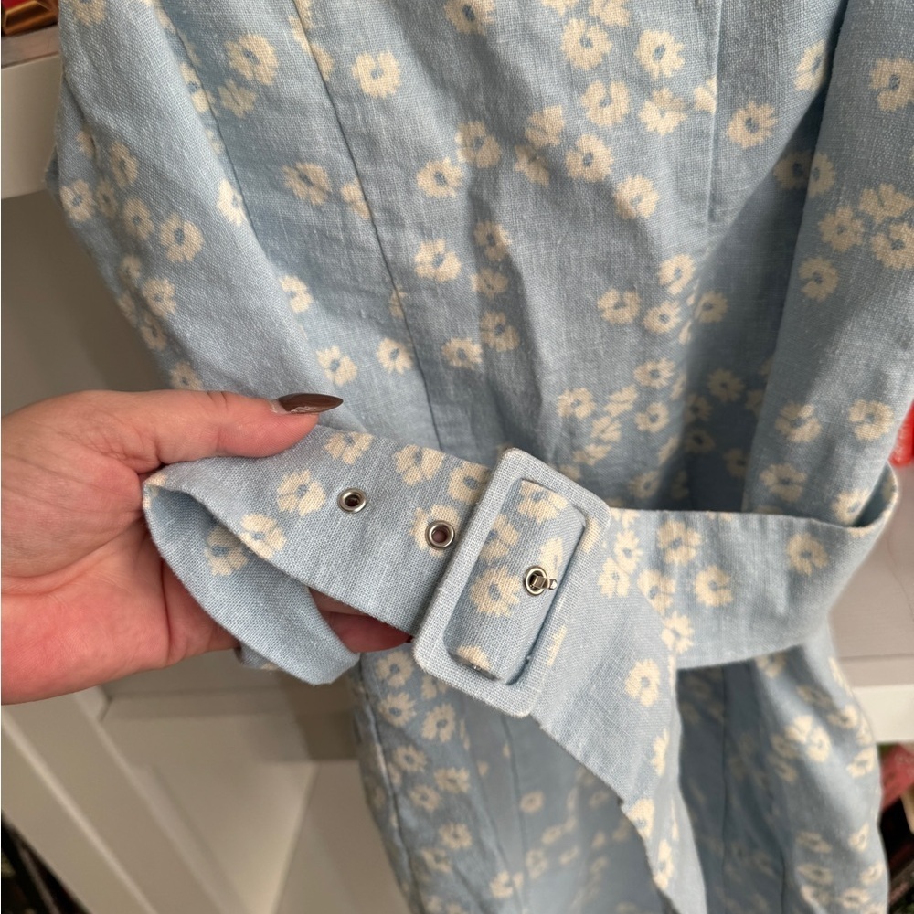 Zara blue white floral linen cotton blend belted y2k retro vintage mini dress - Picture 2 of 6
